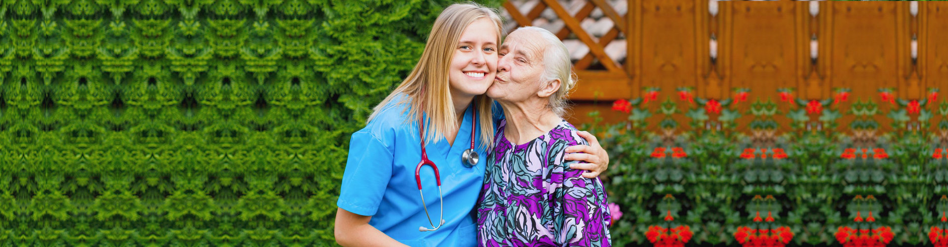 caregiver with elder woman outdoors
